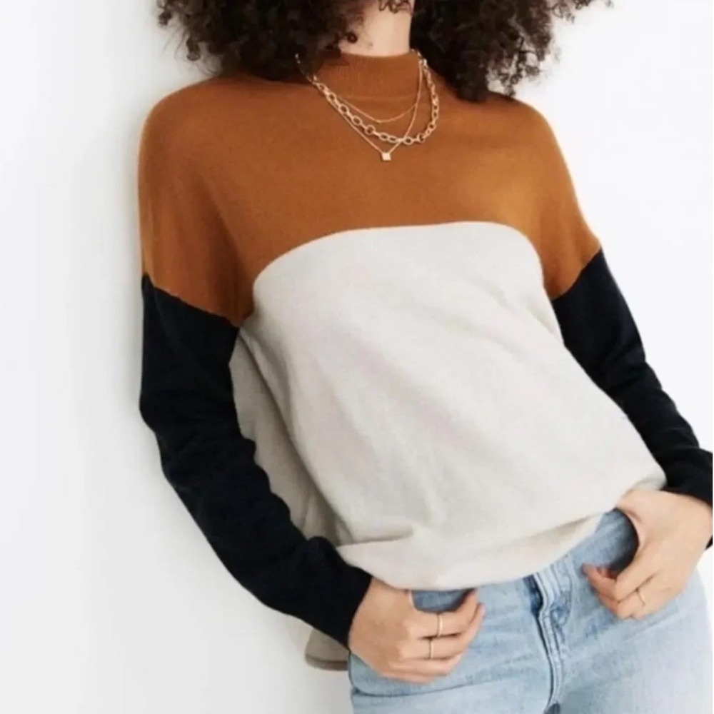 Madewell Colorblock Mock Neck Merino Wool Alpaca Blend Sweater Small Orange Blue